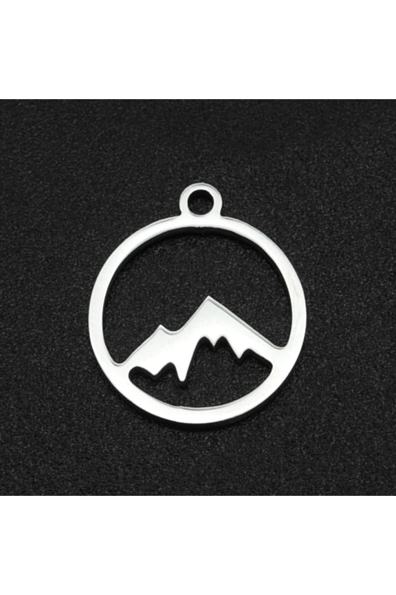 Non-Tarnish 304 Stainless Steel Charms Laser Cut Hollow Flat Round with Mountain Stainless Steel color 14x12x1mm Hole: 1.2mm