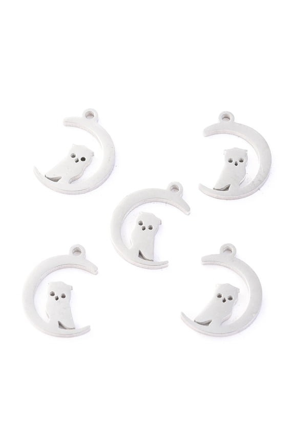 Non-Tarnish 304 Stainless Steel Charms Laser Cut for Halloween Moon with Owl Stainless Steel Color 12x9x1.1mm Hole: 1mm
