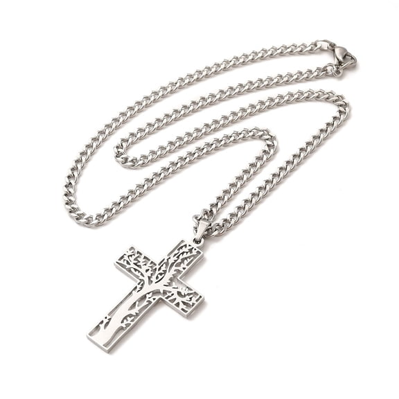 Non-Tarnish 304 Stainless Steel Cross with Tree of Life Pendant Necklaces Curb Chain Necklace with Lobster Clasps Stainless Steel color 17-1/2 inch(44.5cm)