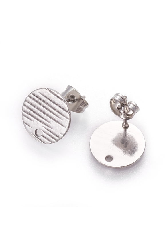 Non-Tarnish 304 Stainless Steel Ear Stud Findings with Ear Nuts/Earring Backs and Hole Textured Flat Round with Cross Grain Stainless Steel Color 12mm Hole: 1.2mm Pin: 0.8mm
