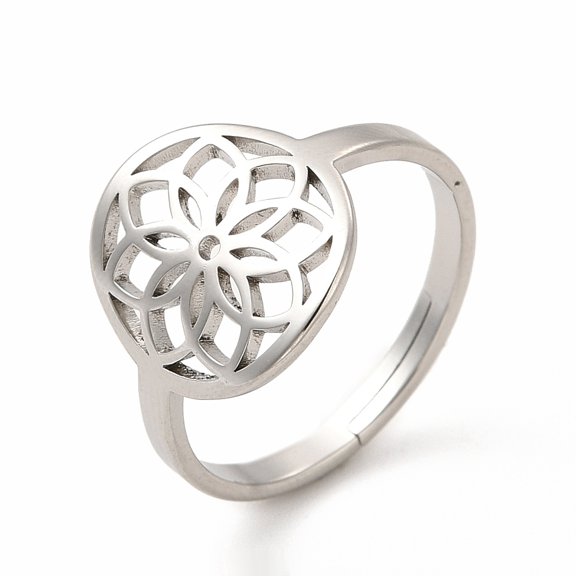 Non-Tarnish 304 Stainless Steel Flower Adjustable Ring for Women Stainless Steel color Size 6(16.5mm)
