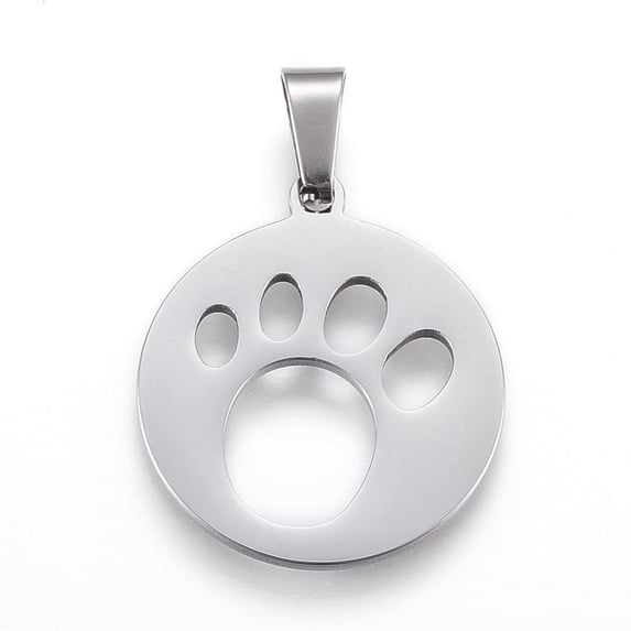 Non-304 Stainless Steel Pendants Cut-Out Flat Round with Dog Footprints Stainless Steel Color 25x22x1.2mm Hole: 4x7.5mm