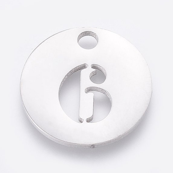 Non-Tarnish 304 Stainless Steel Pendants Cut-Out Hollow Flat Round with Number Stainless Steel color Num.6 19x1.5mm Hole: 2.5mm