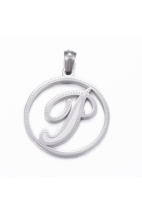 Non-Tarnish 304 Stainless Steel Pendants Flat Round with Letter.J Stainless Steel Color 28x25x1.2mm Hole: 6x3mm