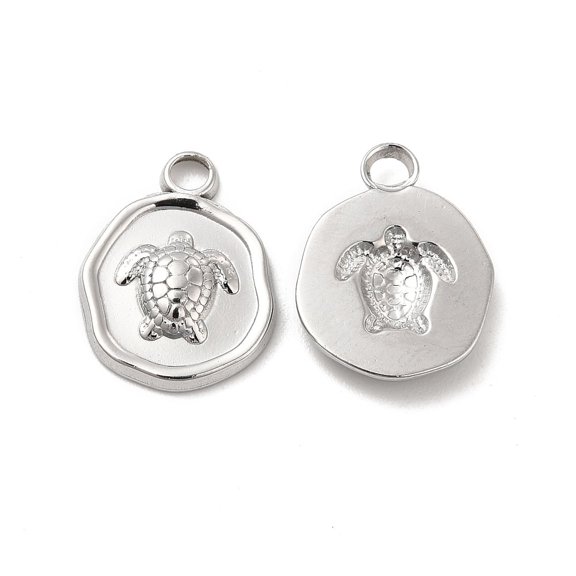 Non-304 Stainless Steel Pendants Flat Round with Tortoise Charm Stainless Steel Color 16.5x13x2.5mm Hole: 2mm