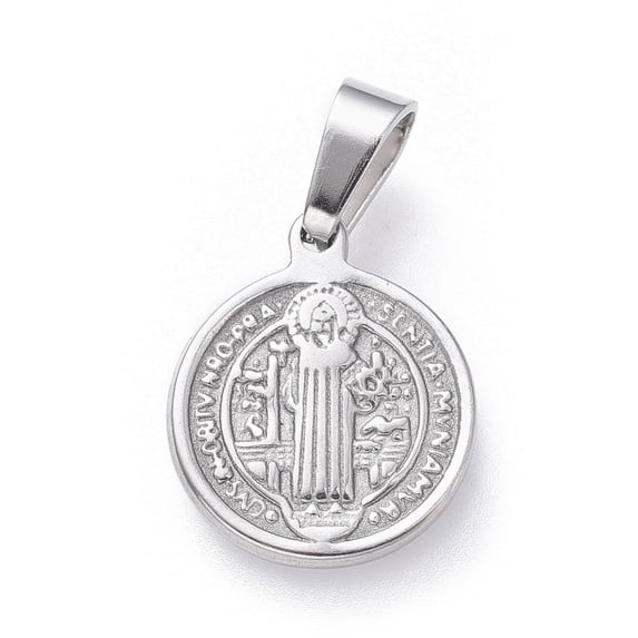 Non-Tarnish 304 Stainless Steel Pendants Religion Flat Round with Saint Benedict Stainless Steel color 15x12x1.5mm Hole: 5x3mm 1pc