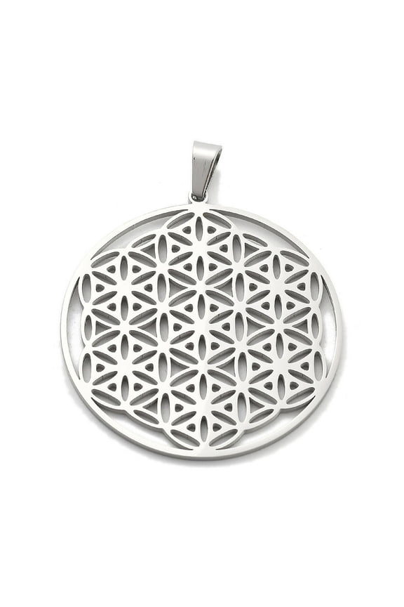 Non-304 Stainless Steel Pendants Spiritual Charms Flat Round with Flower of Life/Sacred Geometry Stainless Steel Color 42x39x1.2mm Hole: 8x6mm