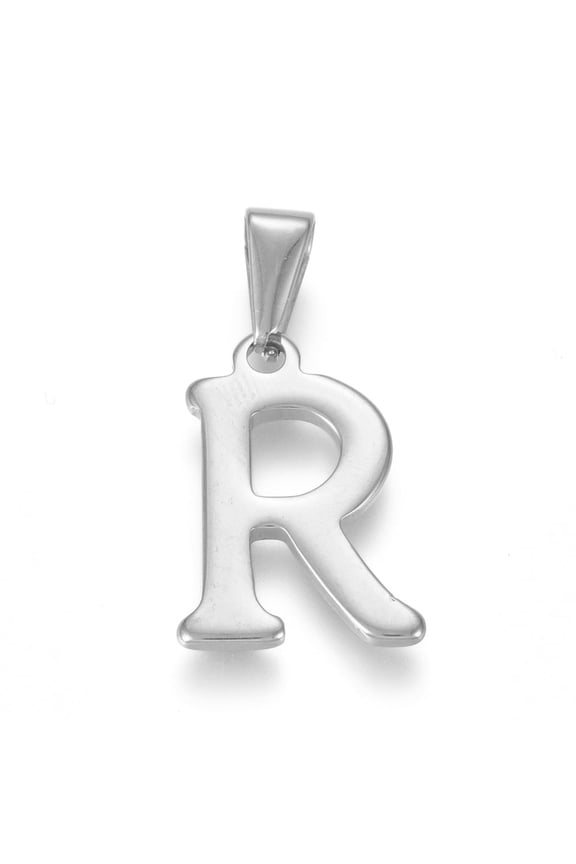 Non-Tarnish 304 Stainless Steel Pendants Stainless Steel Color Initial Letter.R 20x14x1.8mm Hole: 3x7mm