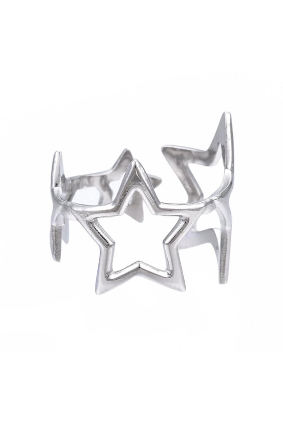 Non-304 Stainless Steel Star Open Cuff Ring Chunky Hollow Ring for Women Stainless Steel Color Size 6 3/4(17.1mm) DIY