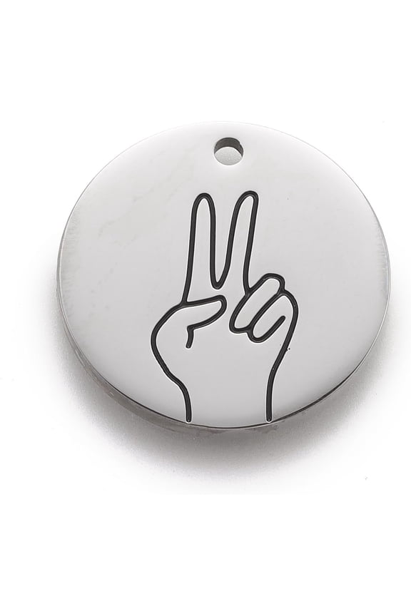 Non-Tarnish 316 Surgical Stainless Steel Pendants ASL Pendants Flat Round with Gesture Language Stainless Steel color Victory 25x2mm Hole: 2mm