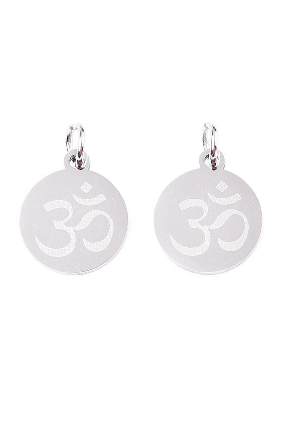 Non-201 Stainless Steel Charms with Jump Rings Flat Round with Om Symbol Stainless Steel Color 14.5x12x1mm Hole: 3mm