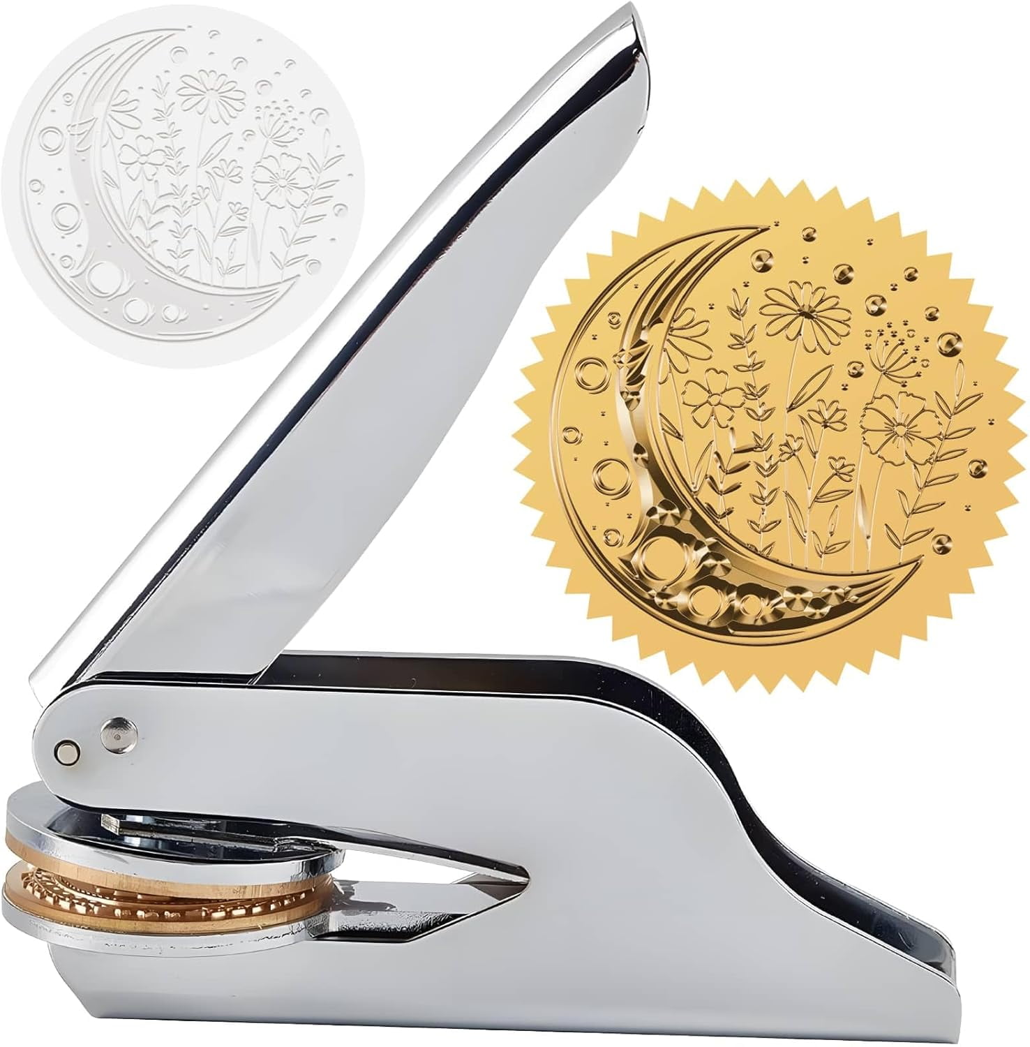 Non-Tarnish Custom Embosser Hand-Held Embossing Stamp Seal Embosser for Books Envelopes Napkins Moon 42mm