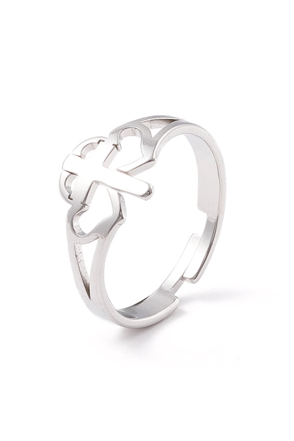Non-Tarnish Double Heart with Cross 304 Stainless Steel Adjustable Ring for Women Stainless Steel Color Inner Diameter: US Size 7 1/4(17.5mm)