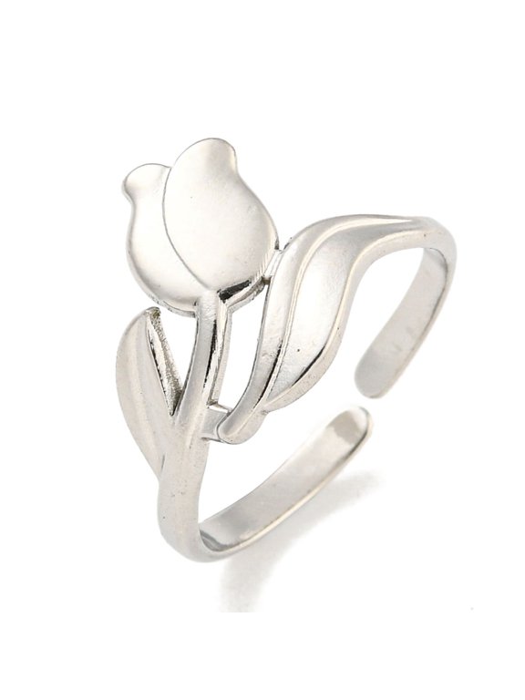 Non-Tarnish Tulip 304 Stainless Steel Open Cuff Finger Rings for Women Stainless Steel color 13mm