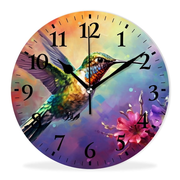 Non-Ticking Silent Clock Battery Operated Analog Clcok Round Wall Clocks Decorative for Living Room-Hummingbirds Hover Gracefully Among the Flowers(10inch)