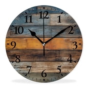 Non-Ticking Silent Clock Battery Operated Analog Clcok Round Wall Clocks Decorative for Living Room-Blue Brown Planks Wooden Multicolor10inch