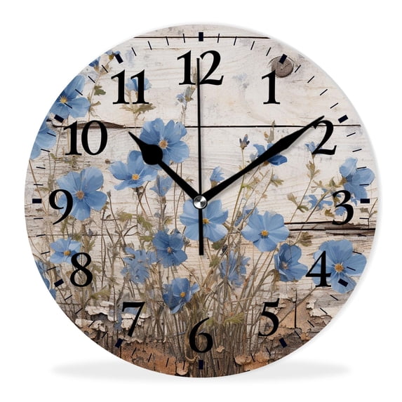 Non-Ticking Silent Clock Battery Operated Analog Clcok Round Wall Clocks Decorative for Living Room-Blue Flowers with Insects Colorful(12inch)