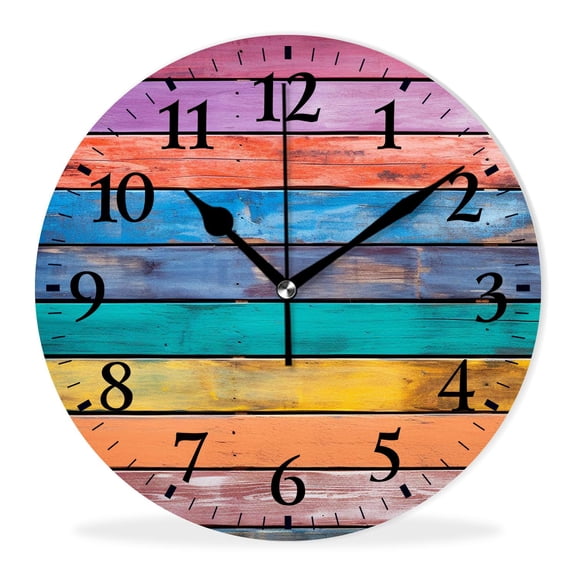 Non-Ticking Silent Clock Battery Operated Analog Clcok Round Wall Clocks Decorative for Living Room-Colorful Wooden Illustration(10inch)