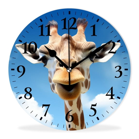 Non-Ticking Silent Clock Battery Operated Analog Clcok Round Wall Clocks Decorative for Living Room-Cute Giraffe Blue Sky Drawing(10inch)