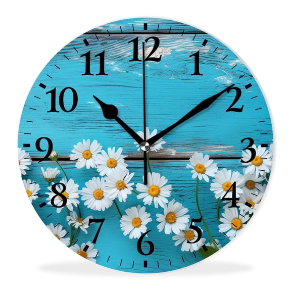 Non-Ticking Silent Clock Battery Operated Analog Clcok Round Wall Clocks Decorative for Living Room-Daisy Flower on Blue Wooden Style(10inch)
