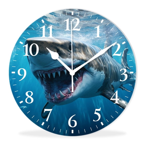 Non-Ticking Silent Clock Battery Operated Analog Clcok Round Wall Clocks Decorative for Living Room-Great White Shark(14inch)