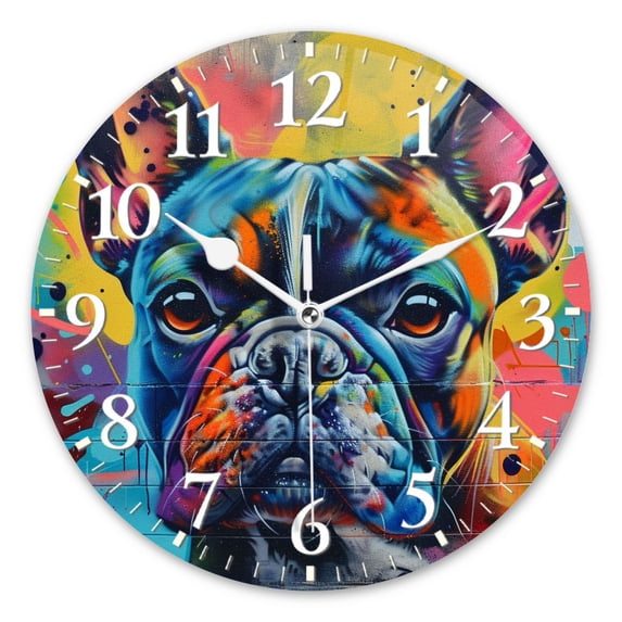 Non-Ticking Silent Quartz Wall Clocks Battery Operated Modern Wall Clocks Decorative for Office,Bedroom,Kitchen-Colorful Graffiti Mural Of Adorable French Bulldog(14inch)
