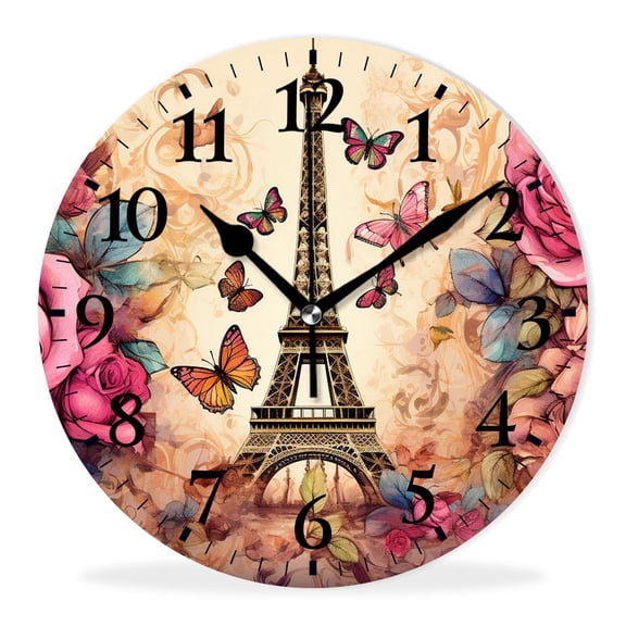 Non-Ticking Silent Wall Clocks Battery Operated Analog Clock Personalized Picture Clocks for Living Room-Romantic Paris Eiffel Tower Floral Flowers Style(10inch)