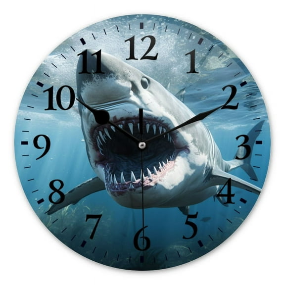 Non-Ticking Silent Wall Clocks Battery Operated Personalized Decor Clock for Bathroom,Office-Angry Great White Shark Underwater With Mouth Open And Sharp Teeth Showing（10inch）