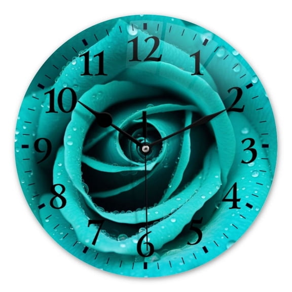 Non-Ticking Silent Wall Clocks Battery Operated Personalized Decor Clock for Bathroom,Office-Beautiful Turquoise Rose With Water Droplets On The Petals(10inch)
