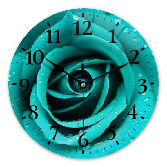 Non-Ticking Silent Wall Clocks Battery Operated Personalized Decor Clock for Bathroom,Office-Beautiful Turquoise Rose With Water Droplets On The Petals(14inch)