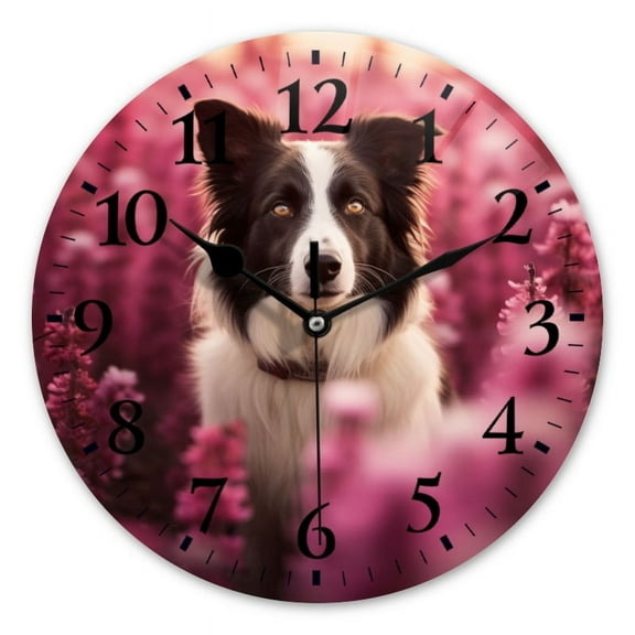 Non-Ticking Silent Wall Clocks Battery Operated Personalized Decor Clock for Bathroom,Office-Border Collie Dog Standing In The Middle Of Purple Flowers(10inch)