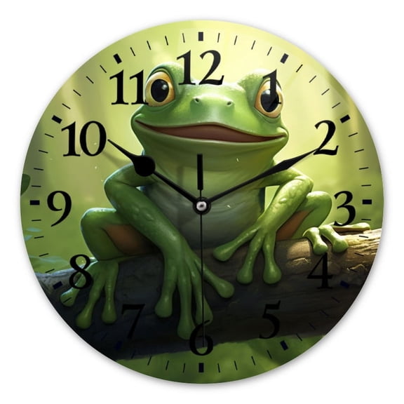 Non-Ticking Silent Wall Clocks Battery Operated Personalized Decor Clock for Bathroom,Office-Cute Cartoon Frog Sitting On The Branch Of Tree In Forest（10inch）