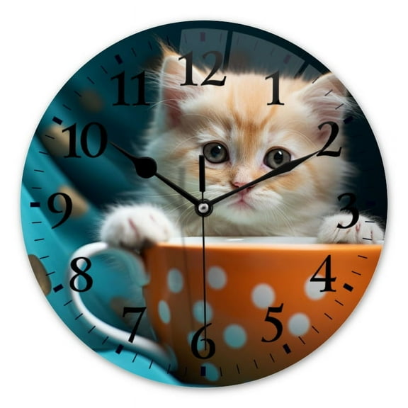 Non-Ticking Silent Wall Clocks Battery Operated Personalized Decor Clock for Bathroom,Office-Cute Orange Kitten Sitting In Polka Dot Coffee Cup（10inch）