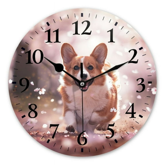 Non-Ticking Silent Wall Clocks Battery Operated Personalized Decor Clock for Bathroom,Office-Happy Corgi Dog Running Through Cherry Blossom Forest（10inch）