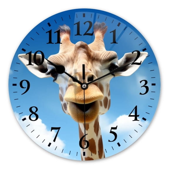 Non-Ticking Silent Wall Clocks Battery Operated Personalized Decor Clock for Bathroom,Office-Happy Giraffe Face Against Blue Sky Background With Clouds(10inch)