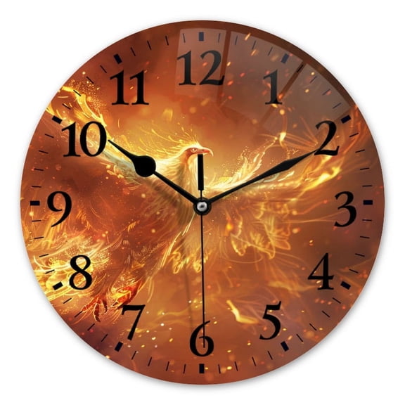 Non-Ticking Silent Wall Clocks Battery Operated Personalized Decor Clock for Bathroom,Office-Phoenix Rising From The Ashes With Golden Fire Surrounding(14inch)