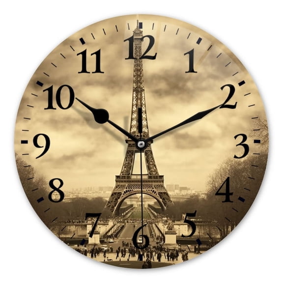 Non-Ticking Silent Wall Clocks Battery Operated Personalized Decor Clock for Bathroom,Office-Sepia-Toned Photograph Captures The Eiffel Tower In Paris（10inch）