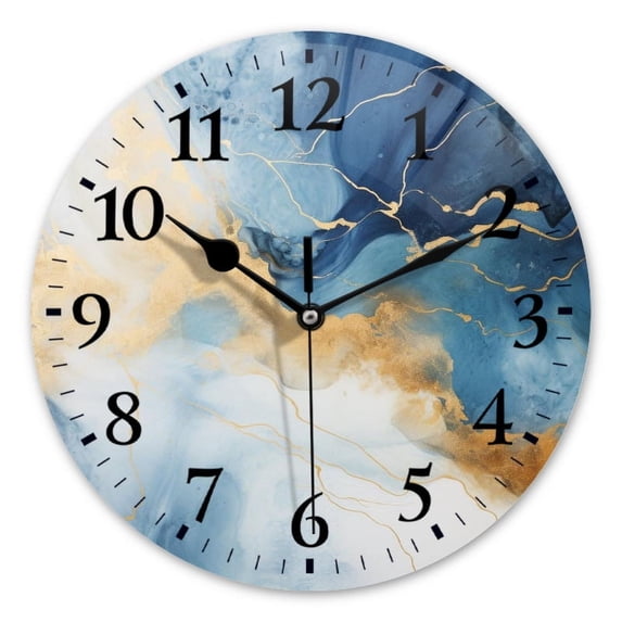 Non-Ticking Silent Wall Clocks Battery Operated Personalized Decor Clock for Bathroom,Office-Watercolor Painting With Gold Lines, In Shades Of Blue And White(10inch)