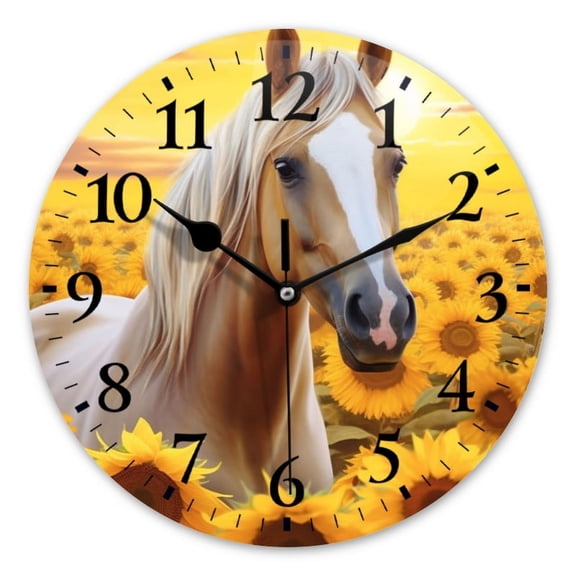Non-Ticking Silent Wall Clocks Battery Operated Personalized Decor Clock for Bathroom,Office-White Horse In The Middle Of Sunflower Field During The Golden Hour（12inch）