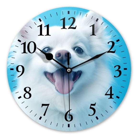 Non-Ticking Silent Wall Clocks Battery Operated Personalized Decor Clock for Bathroom,Office-White Pomeranian Dog Smiling Against Blue Background（10inch）