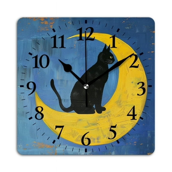 Non-Ticking Silent Wall Clocks Battery Operated Personalized Decor Clock for Living Room,Bedroom-Black Cat Sits On The Moon On Blue Background(10inch)