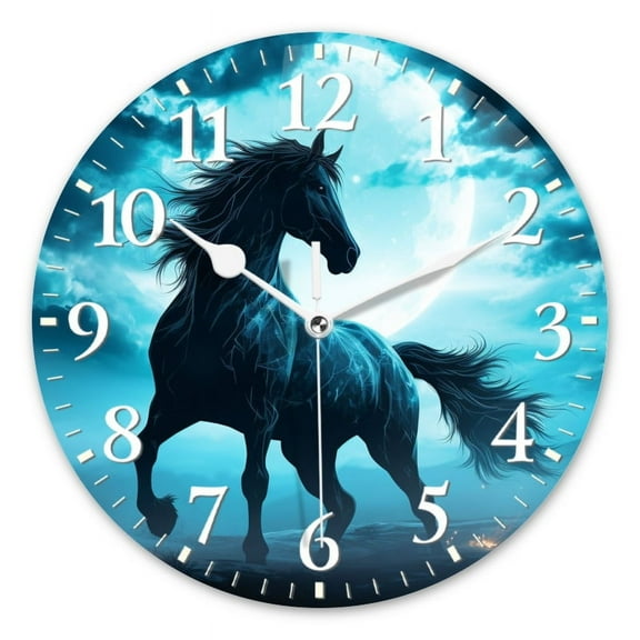 Non-Ticking Silent Wall Clocks Battery Operated Personalized Decor Clock for Living Room,Bedroom-Black Horse With Glowing Blue Mane Galloping Under The Moonlight(10inch)