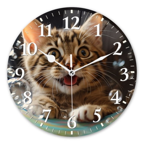 Non-Ticking Silent Wall Clocks Battery Operated Personalized Decor Clock for Living Room,Bedroom-Cute Cat Playing With Soap Bubbles In Colorful Bubble Tube(10inch)