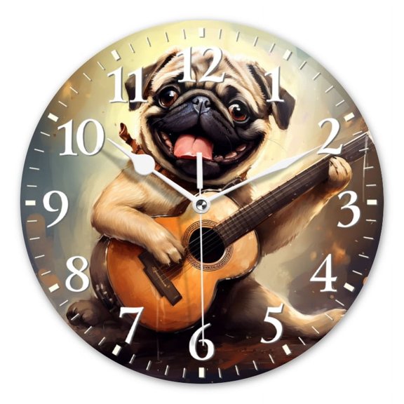 Non-Ticking Silent Wall Clocks Battery Operated Personalized Decor Clock for Living Room,Bedroom-Cute Happy Pug Dog Playing Guitar With Full-Body Portrait(10inch)