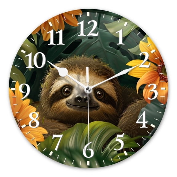Non-Ticking Silent Wall Clocks Battery Operated Personalized Decor Clock for Living Room,Bedroom-Cute Smiling Sloth In The Jungle Surrounded By Large Leaves And Orange Flowers(10inch)