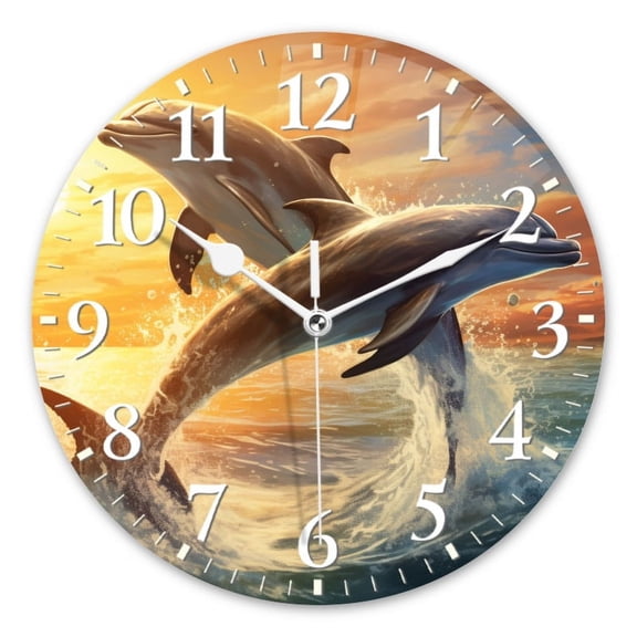 Non-Ticking Silent Wall Clocks Battery Operated Personalized Decor Clock for Living Room,Bedroom-Dolphins Jump Out Of The Sea At Sunset Pretty(10inch)
