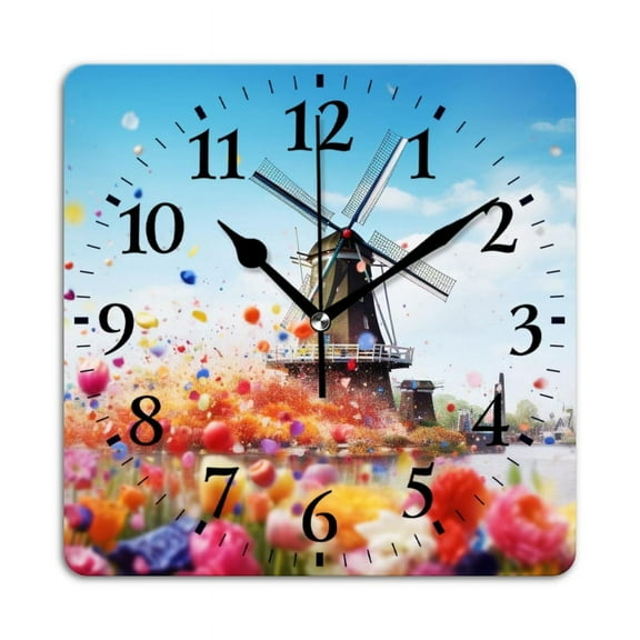 Non-Ticking Silent Wall Clocks Battery Operated Personalized Decor Clock for Living Room,Bedroom-Dutch Windmill Surrounded By Floating Tulips Against The Blue Sky(10inch)