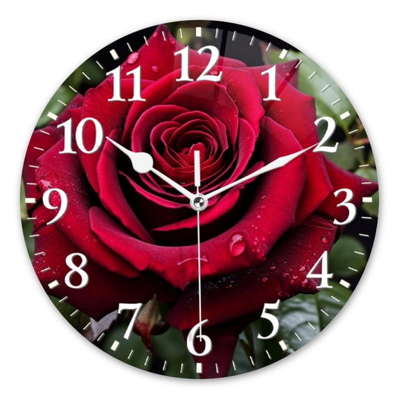Non-Ticking Silent Wall Clocks Battery Operated Personalized Decor Clock for Living Room,Bedroom-Elegant Red Rose Petals Perfectly Arranged And Dew-Covered(10inch)