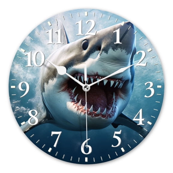 Non-Ticking Silent Wall Clocks Battery Operated Personalized Decor Clock for Living Room,Bedroom-Great White Shark Open Mouth With Sharp Teeth(10inch)