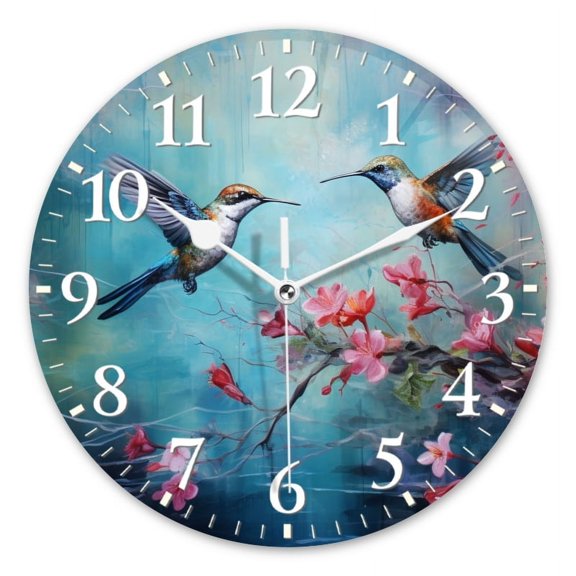 Non-Ticking Silent Wall Clocks Battery Operated Personalized Decor Clock for Living Room,Bedroom-Hummingbirds Flying Over Water And Surrounded By Pink Cherry Blossoms(10inch)